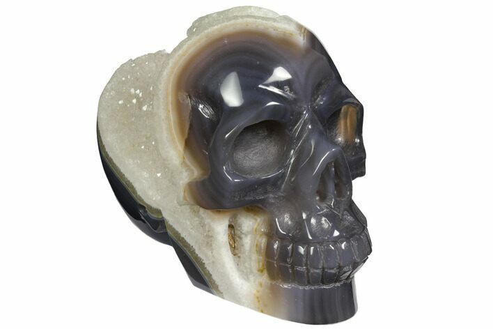 Polished Banded Agate Skull with Quartz Crystal Pocket #148117